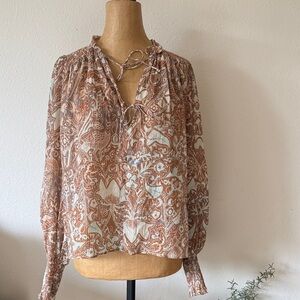 Ulla Johnson sz 6 Bohemian Brown Patterned cotton viscose blouse ruched metallic